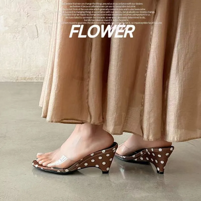 Women Polka Dot Print Mules Open Toe Transparent Strap Wedge Mid Heel TPR Sole Summer Slide Sandals Black White Brown F143