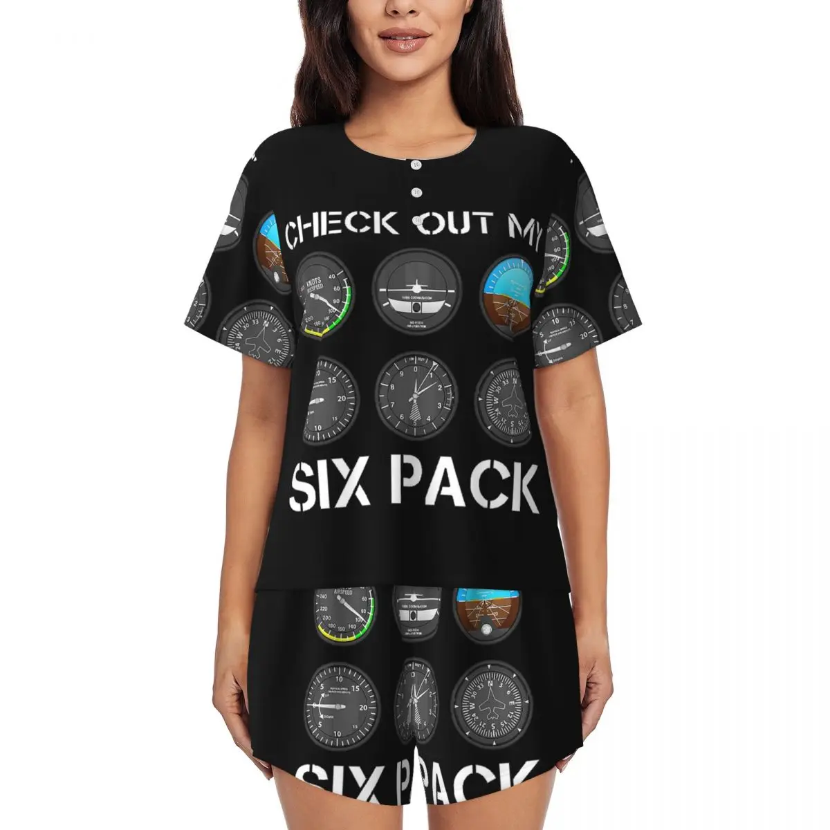 

Pilot Top Airplane Six Pack Flight Instruments Round Neck Short Sleeve Nightgowns for Sleeping Women Pajama Set Short Pants