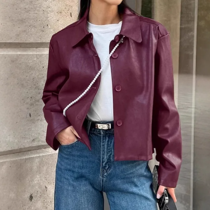 

Vintage Women's Autumn Leather Jacket Lapel Collar Single Breasted Short Lady's Outwear High Street Motorcycle Coat For Female