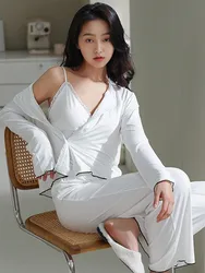 Spring Modal Pajamas for Women 3 Piece Set PJ Pijama Mujer Sexy Sleepwear Women White Cotton Pyjama Pour Femme Home Clothes