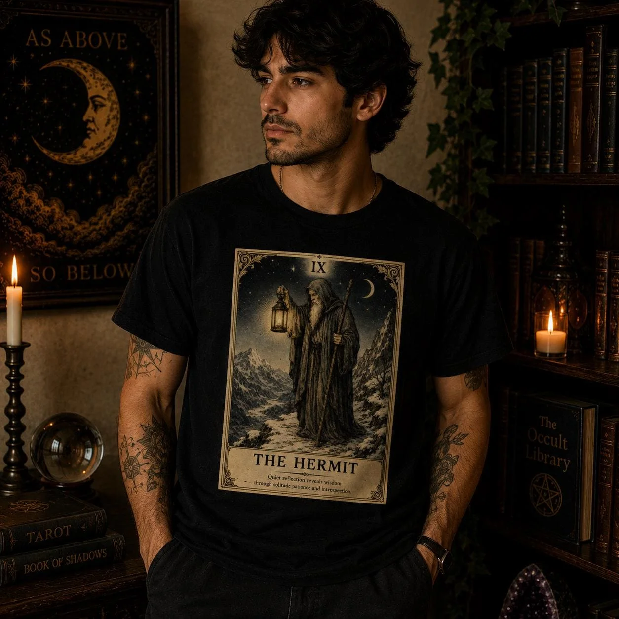 The Hermit Tarot Card T-Shirt, Victorian Major Arcana Graphic Tee Shirt