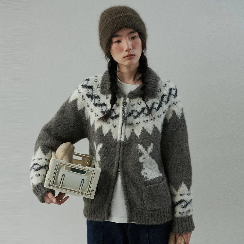 

Feilao Island ey Rabbit Embroidered Collar Knitted Sweater Coat Women's Loose Lazy Open Cardigan Autumn Winter Small Size