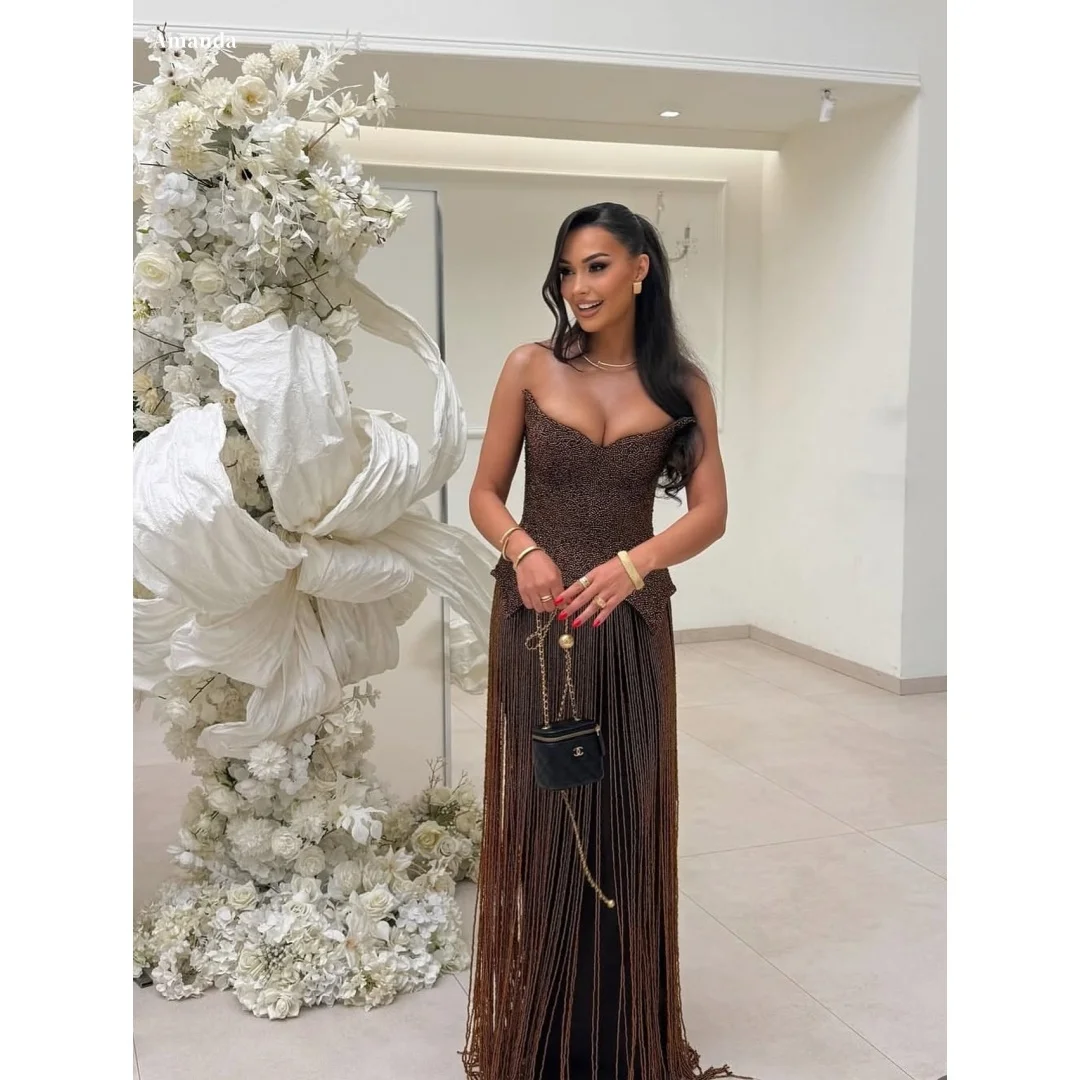 

Amanda Customized Brown Beaded Prom Dress Strapless Backless Sleeveless vestidos de noche Floor-Length A-line Formal Evening