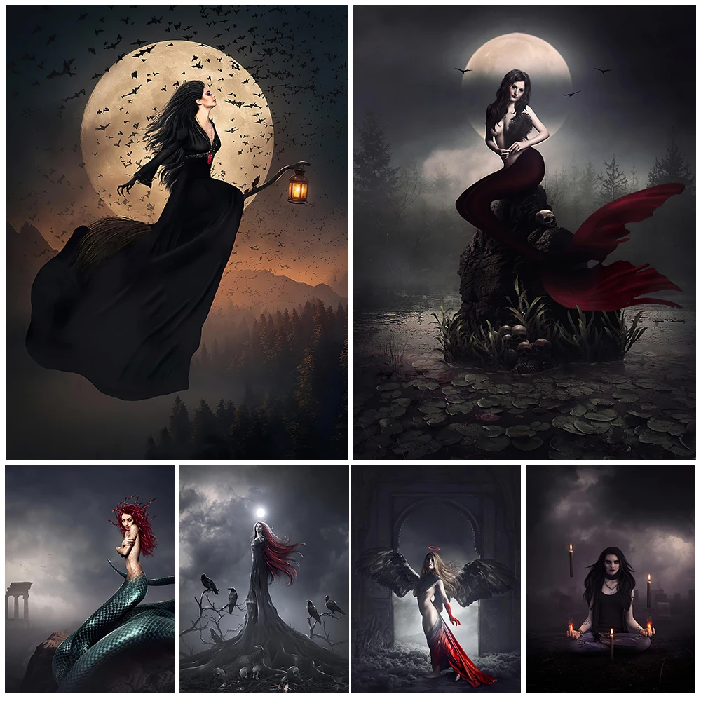 Snake Haired Witch,Mermaid,Siren,Wall Art Canvas Painting Raven Witch And Devil Angel Art Poster And Print Home Decor Unframed