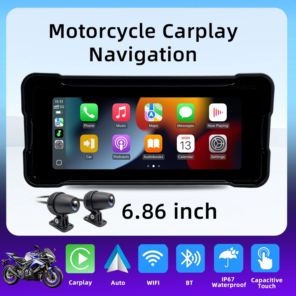 

6.86'' Motorcycle Display Screen with DVR Navigation GPS Wireless CarPlay Android Auto Airplay Dual Bluetooth Moto Monitor IP67