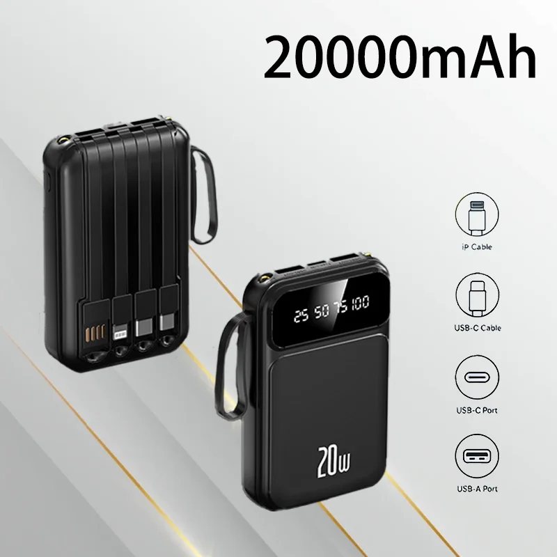 Ultra Slim Power Bank Built-in Cable 10000mAh 20000mAh High Capacity Portable Fast Charging External Battery for Cell Phones