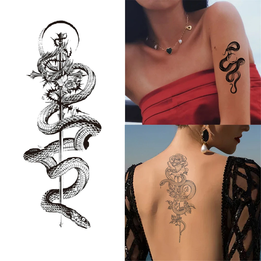 2022 New Snake Tattoo Stickers Dark Tide Cool Flower Snake Skull Tattoo Stickers For Body Art Arm Sleeves Snake Flowers