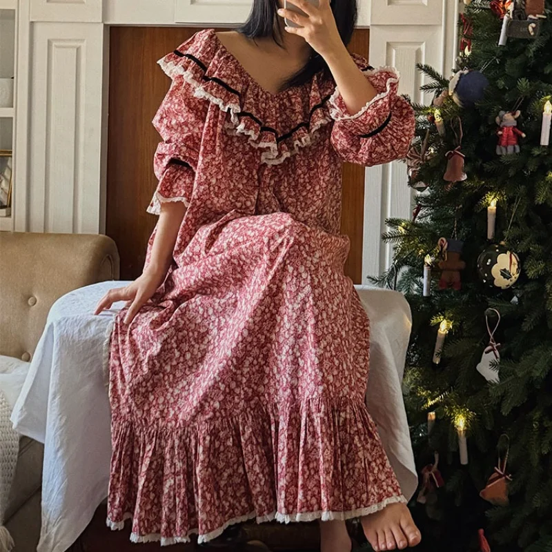

Women 100% Cotton Floral Nightdress Spring Autumn Full Sleeves Nightwear Long Style Mid-Calf Nightgowns Loose V-Neck Nighie New