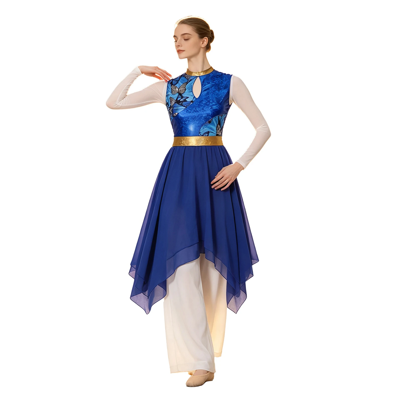 Damen-Lyrik-Tanzkleid, Kostüm für Gottesdienste und Lobgesänge, mit Metallic-Print, aufgesetztem Oberteil, Schlüssellochausschnitt vorne, ärmellos, unregelmäßiger Saum, Tunika-Kleid. – Detail 23