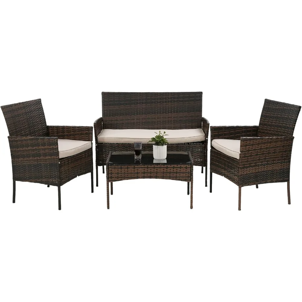

4 Pieces Patio Furniture Set – Rattan Outdoor Wicker Sofa Set w/Soft Cushions & Glass Table – Garden Conversation Lounge for Yar