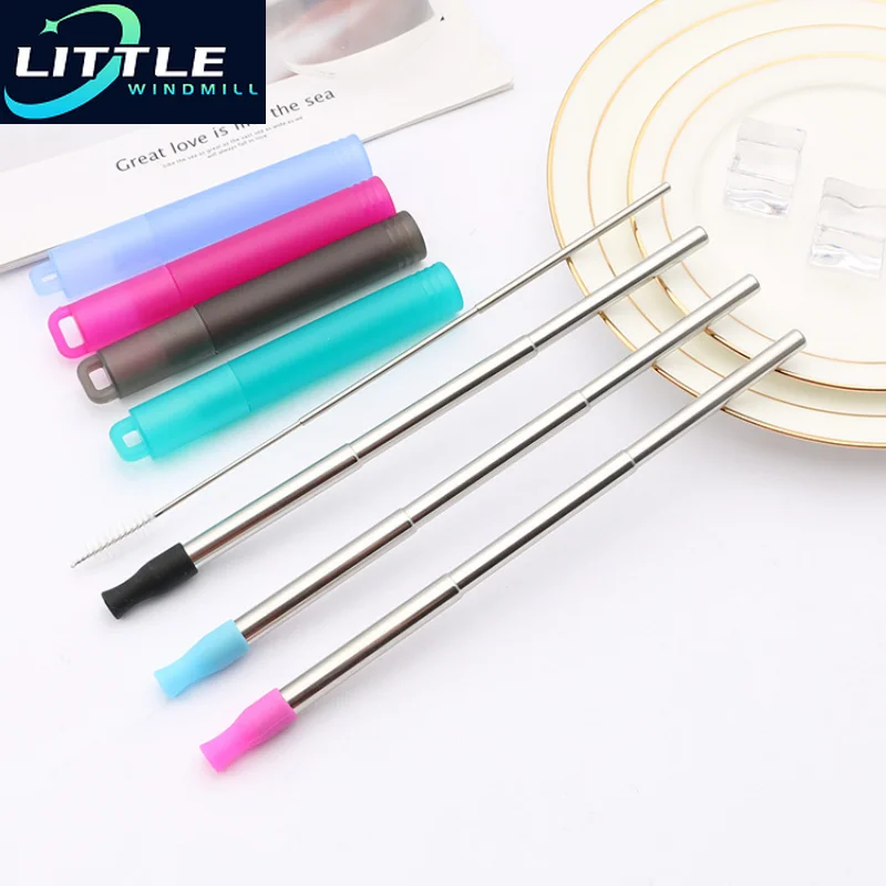 Telescopic Reusable Drinking Straws Stainless Steel Metal  Folding  Set with Case Cleaning Brush Camping Travel