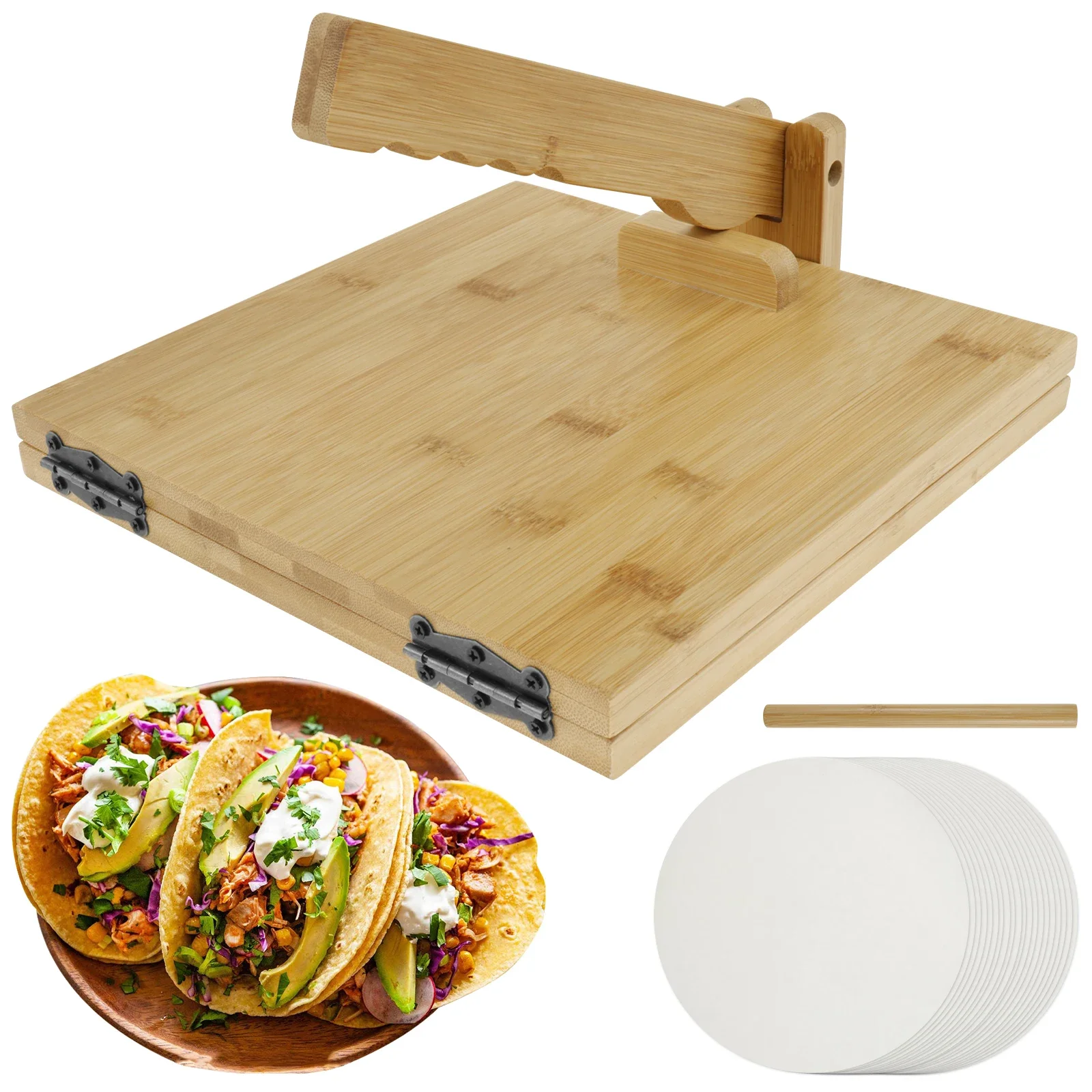 Prensador de tortillas de bambú, máquina para hacer tortillas cuadrada Manual de 10 pulgadas con rodillo giratorio, herramienta de prensado de masa para Tortillera mexicana