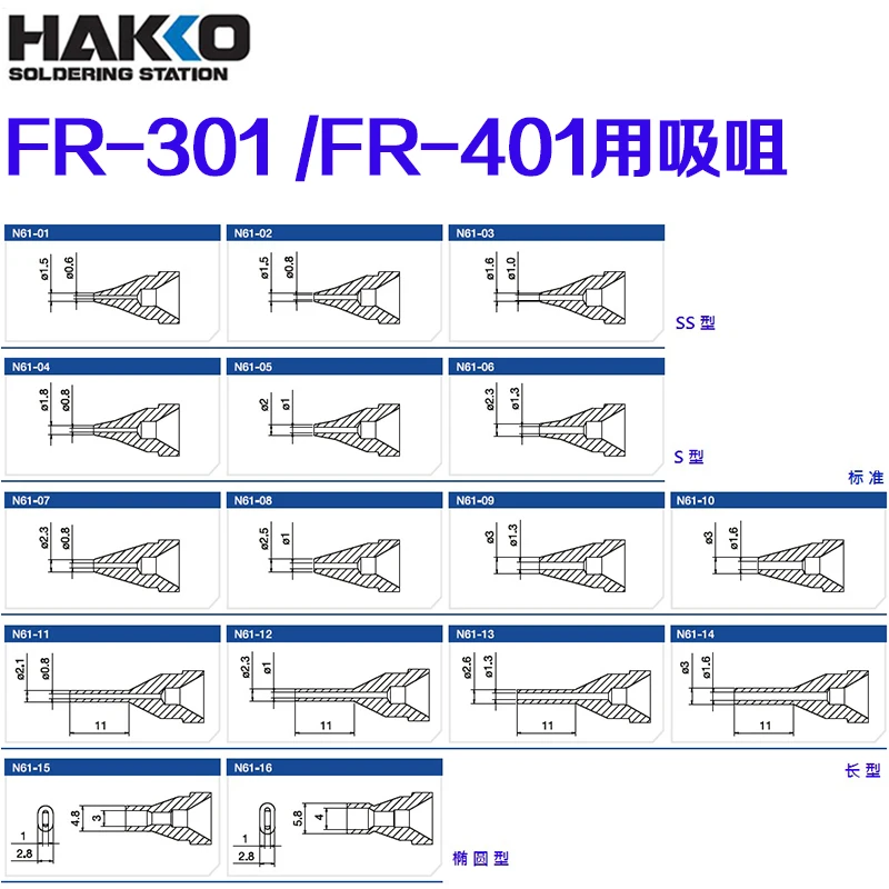 Imagem -02 - Hakko-ponta do Bocal N6101 02 03 05 06 11 13 16 Bocal Original para Fr410 Fr301 Detecção Ferramenta para Pistola de Estanho Substituir Acessórios