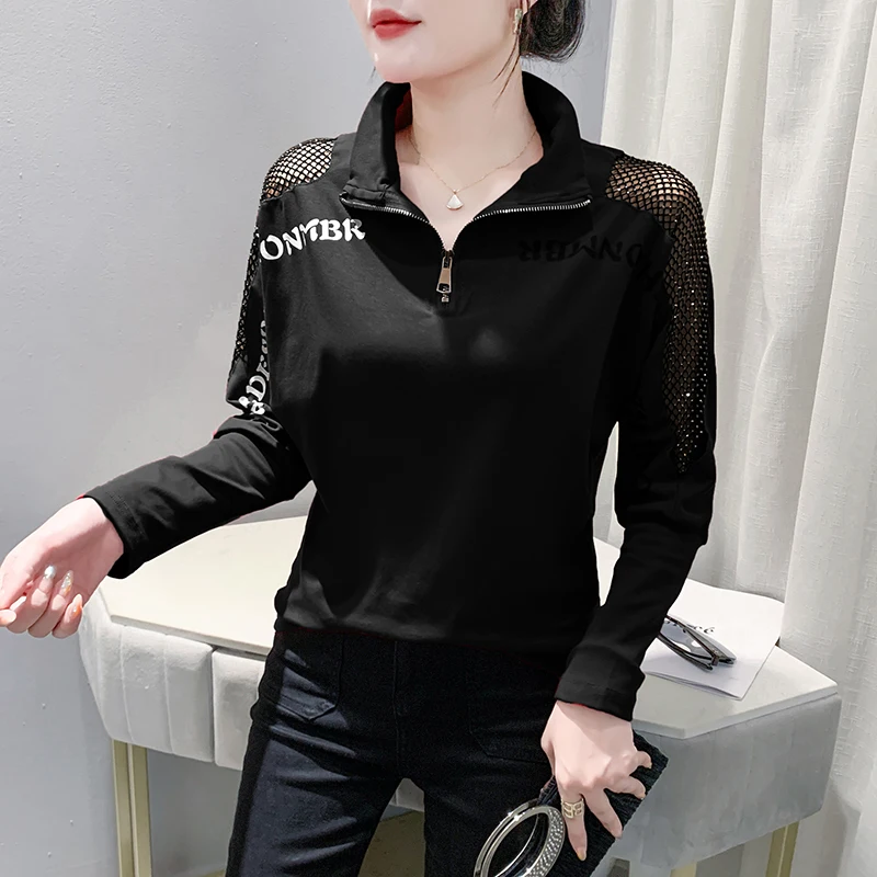 Black,Korean,Style,Winter,T-shirt,Fashion,Sexy,Stand,Zipper,Patchwork,Diamonds,Women,Tops,Batwing Sleeve,Tees,2025,New,4112004