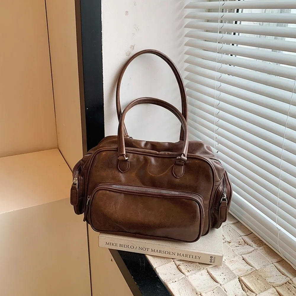 여러 포켓 PU 핸드백 숄더 파우치 토트 스토리지 PU 가죽 숄더 백 한국 스타일 대용량 메신저 백 여성