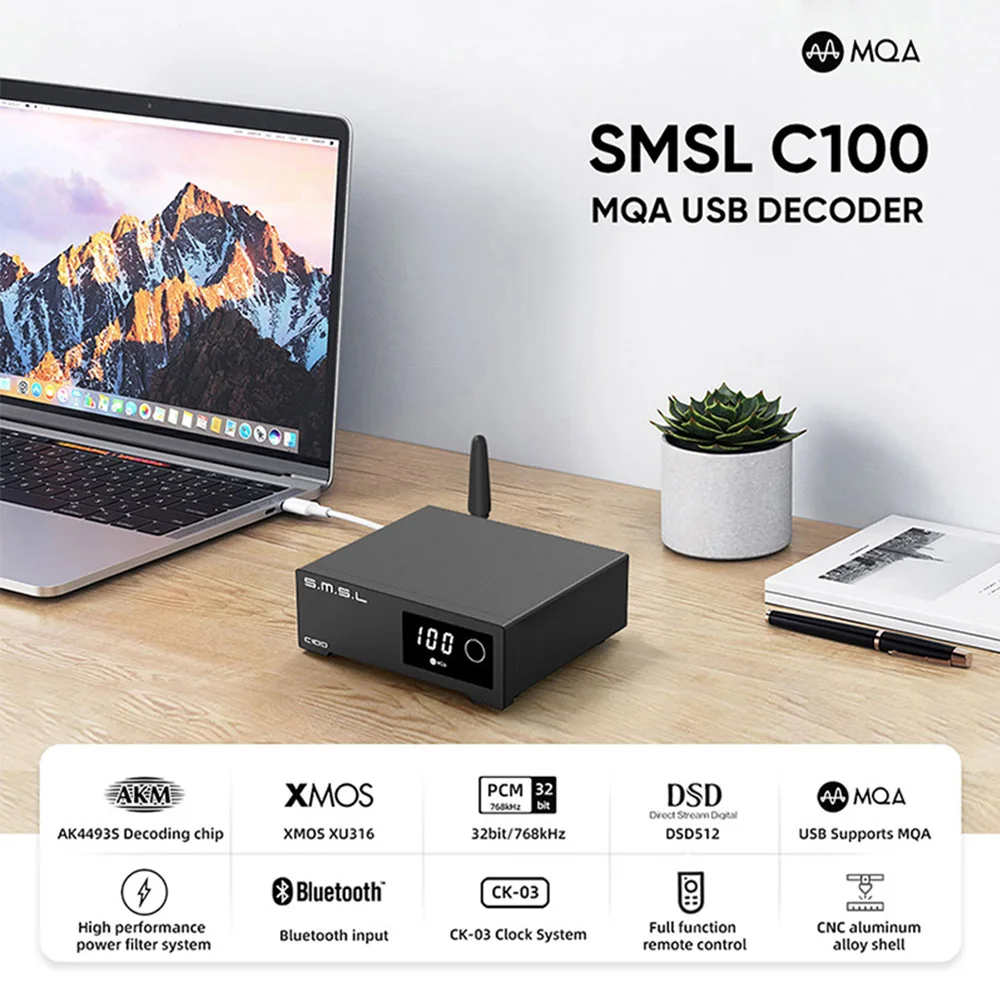 

SMSL C100 Bluetooth USB C MQA DAC with Remote Control 32Bit 768KHZ CK-03 Clock Optical Coaxial AK4493S XMOS XU316 DSD512 Decoder