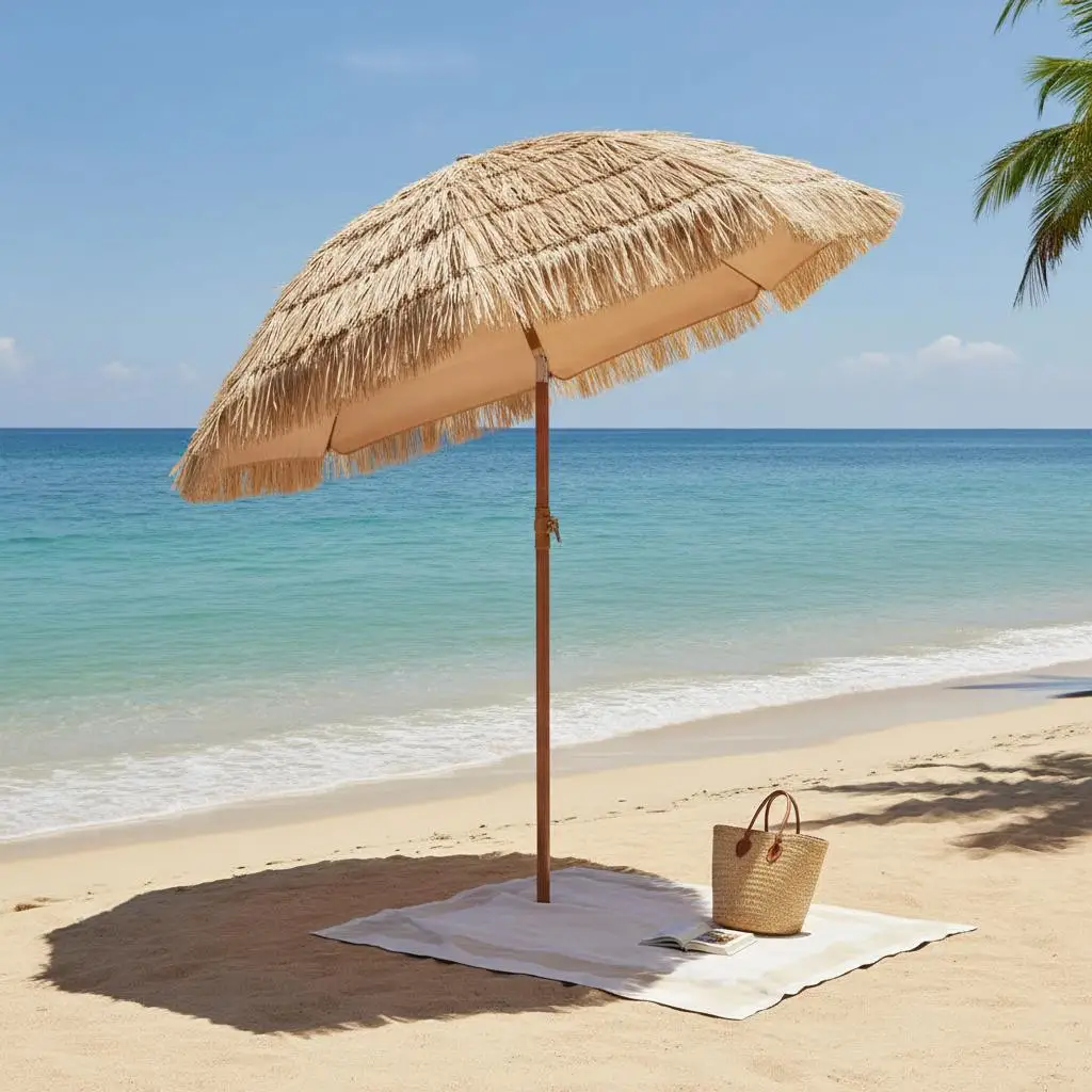 

Hula Parasol 6.5 ft For Beach Patio Poolside, Push Button Tilt 8 Metal Ribs PP Thatch Hawaiian Style Outdoor Sunshade Canopy