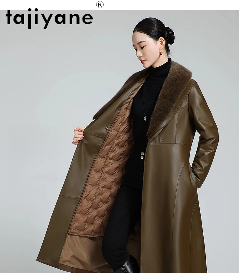TAJIYANE جلد الغنم الحقيقي أوزة أسفل معطف المرأة طويلة ضئيلة سترات من الجلد الطبيعي مع فرو المنك طوق 2025 ملابس امرأة 신상 Jadiitet #5
