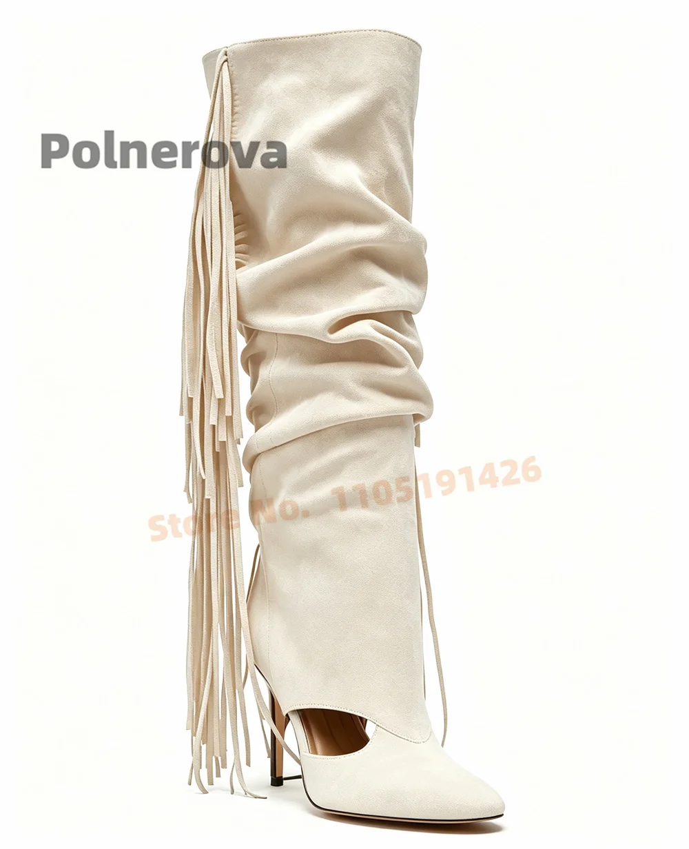 Fringe Tassel Suede Knee High Boots Women Slouch Ruched Pointed Toe Side Hollow High Heels Fashion Party Dress Plus Size 36-45