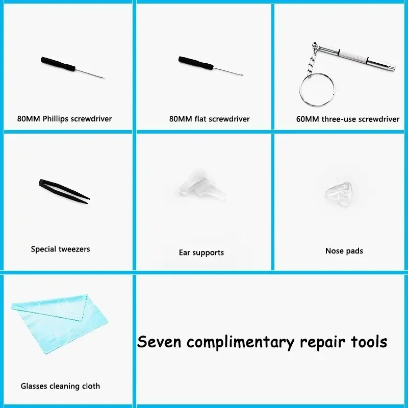 Reparaturset für Brillen und Sonnenbrillen: Schraubendreher, Schrauben, Muttern, Nasenpads und Optische Teile im Sortiment – Detail 6