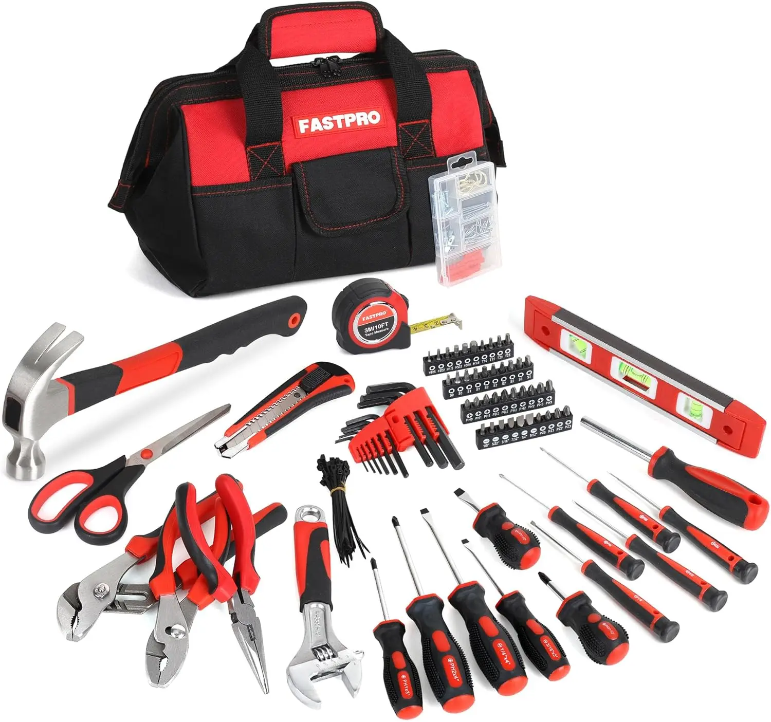 

220-Piece Home Tool Set Household Repairing Tool Kit with 12-Inch Wide Mouth Open Storage Tool Bag Red
