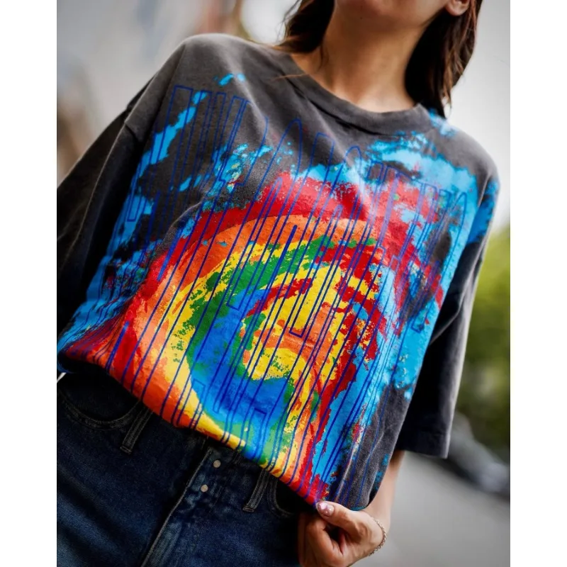 

Men's And Women's High Quality 1:1 Tropical Storm Print Pattern T-shirt SAINT Short Sleeve All-match Washed Do Old Tee