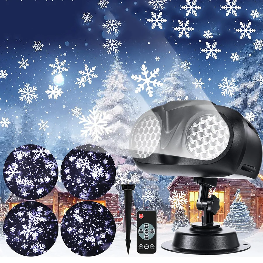 Double Head Christmas Snowfall Projector Light UpgratedSnowflakes Projector Lamp Outdoor Holiday Rotating Falling Snow Spotlight