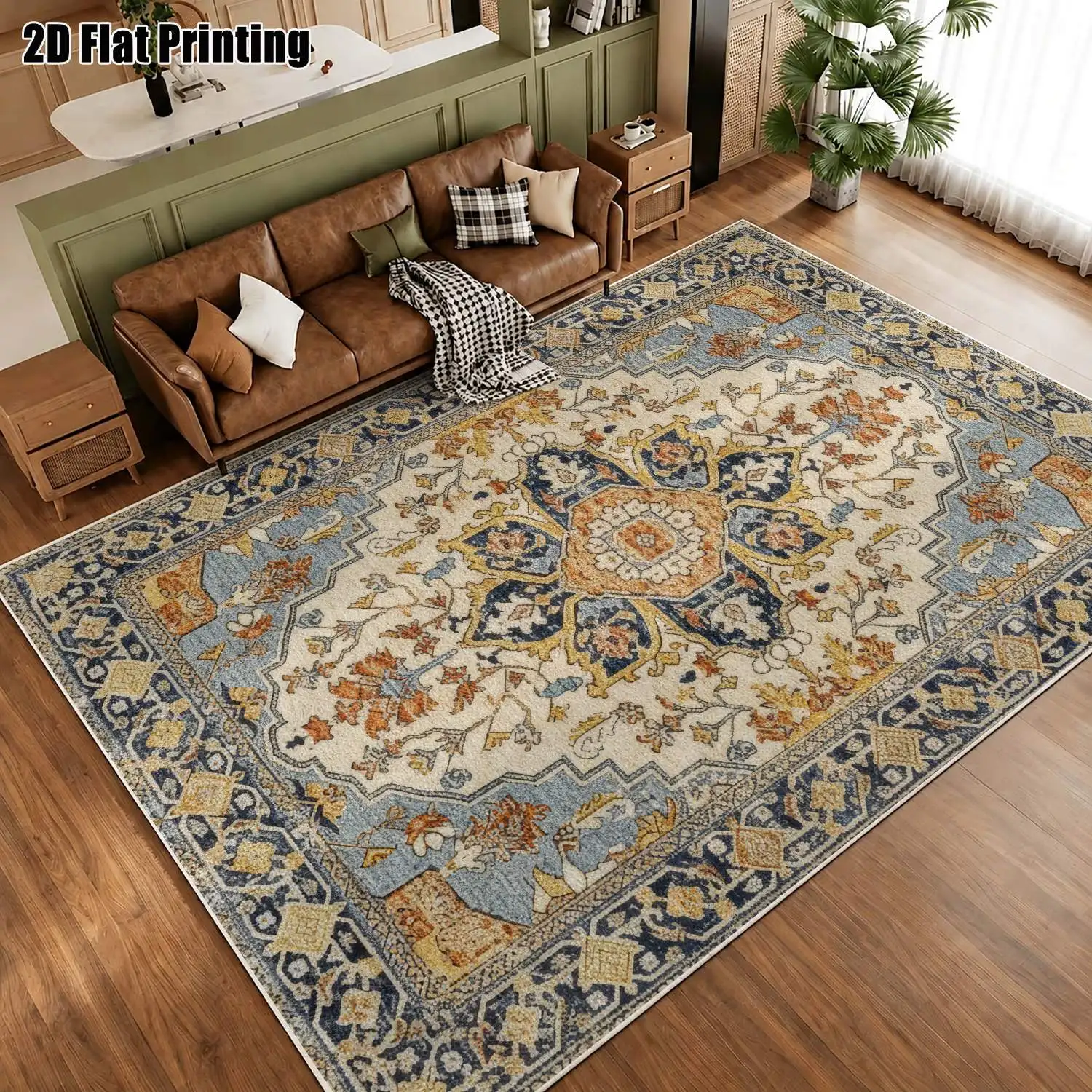 1Pc 2D Printed Velvet Carpet, Blue Yellow Floral Geometric Patterns Vintage European Bohemian Home Decor Doormat, Multi-Size Machine Washable for Entryway, Dining, Bedroom, Living Room