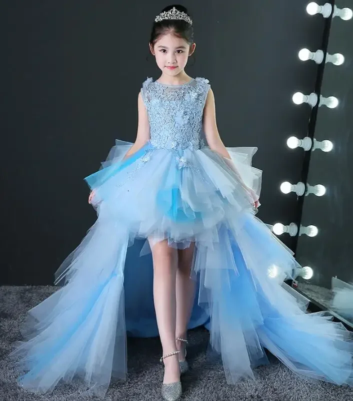 Long Trailing Flower Girls Dresses for Wedding Light Blue Kids Pageant Dress First Holy Communion Dress Party Prom Dress