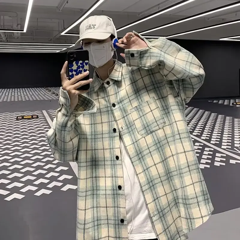 

Большой размер, весенне-осенняя клетчатая мужская длинная свековая повседневная свободная корейская модная одежда для полных мужчин