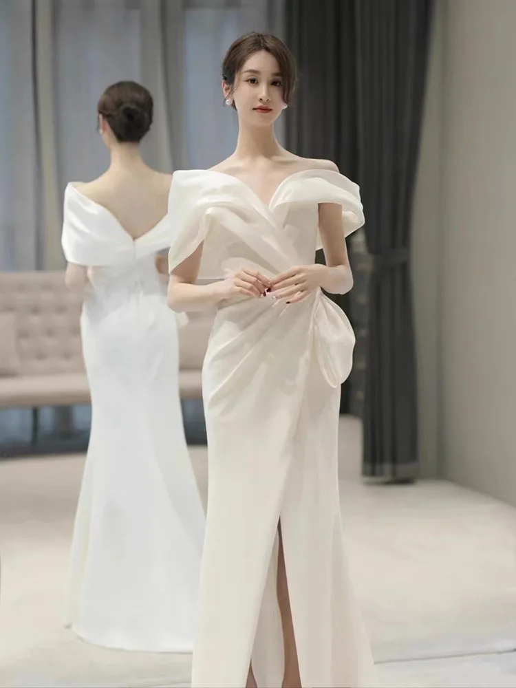 

Ele White Lightweight One-oulder Fi-Tail Evening Gown for Wedding Date Cany Annual Dinner Adult Ceremony Performance