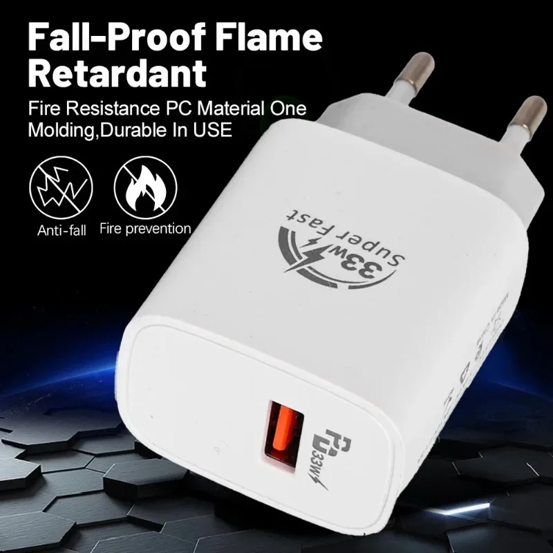 33W USB Quick Charging Adapter 7A Type C Cable Mobile Phone Wall Chargers for Samsung Xiaomi OPPO EU/US/UK Plug Fast Charger - náhled 3