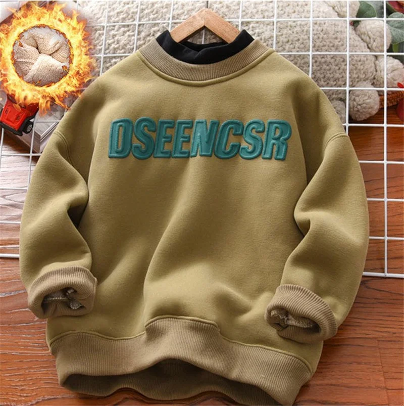 Winter Kids Padded Sweatshirt Boys Girls Plus Velvet Thick Warm Pullover Children's Clothing Autumn Teen Thermal Tops 4-14 Years
