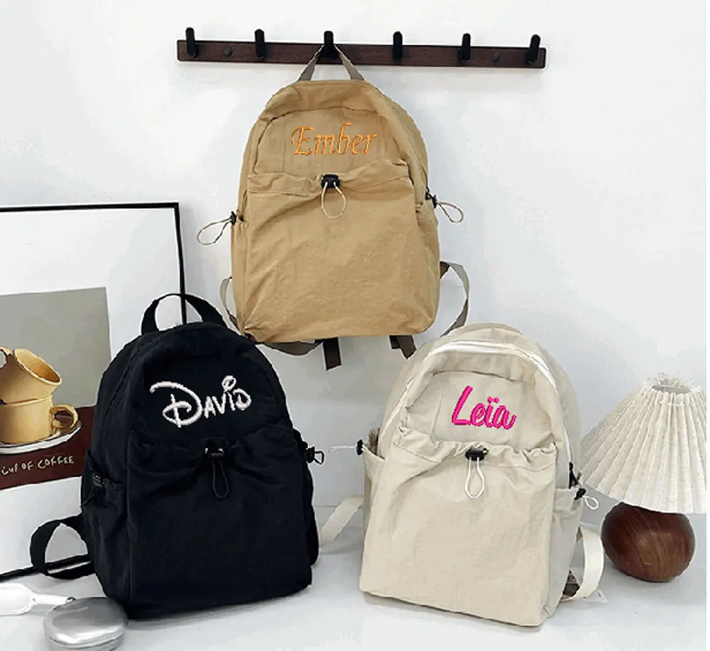 Custom School Backpack Name Large Capacity Nylon Fabric Different Color For Children Travel Rucksack Embroidered Drawstring Bag