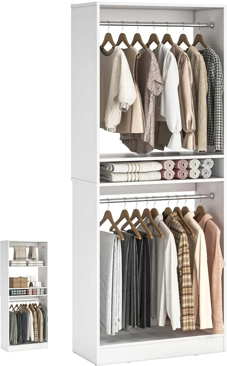 Freestanding Closet Organizer, 25"W x 16"D x 80"H, Adjustable Shelves & Hanging Rods, White