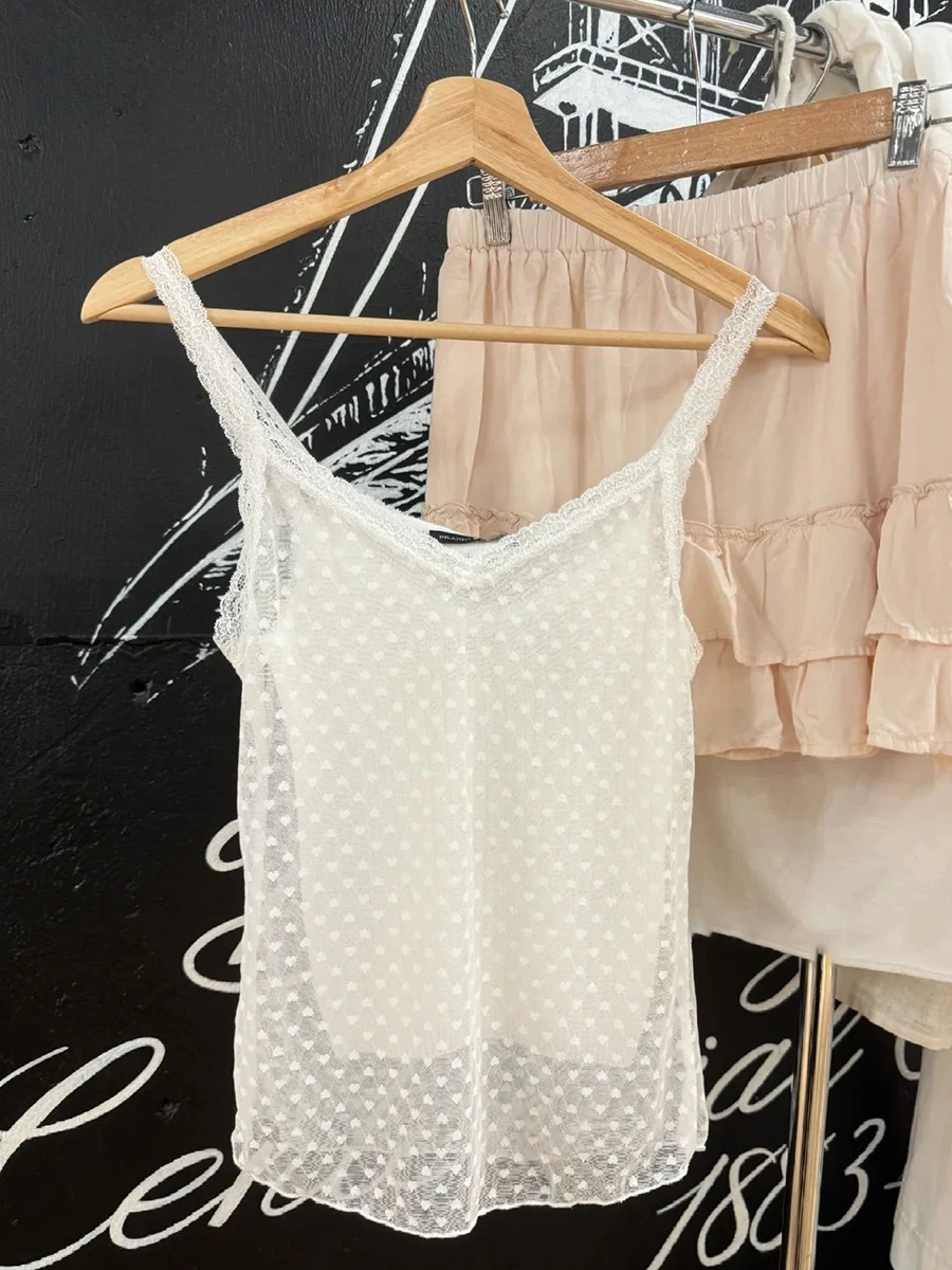 Hearts Jacquard Sexy Sheer Tank Tops Woman Summer Bow V Neck Sleevless Lace Trim Slim Thin Camis Solid Sweet Mesh Y2k Crop Top