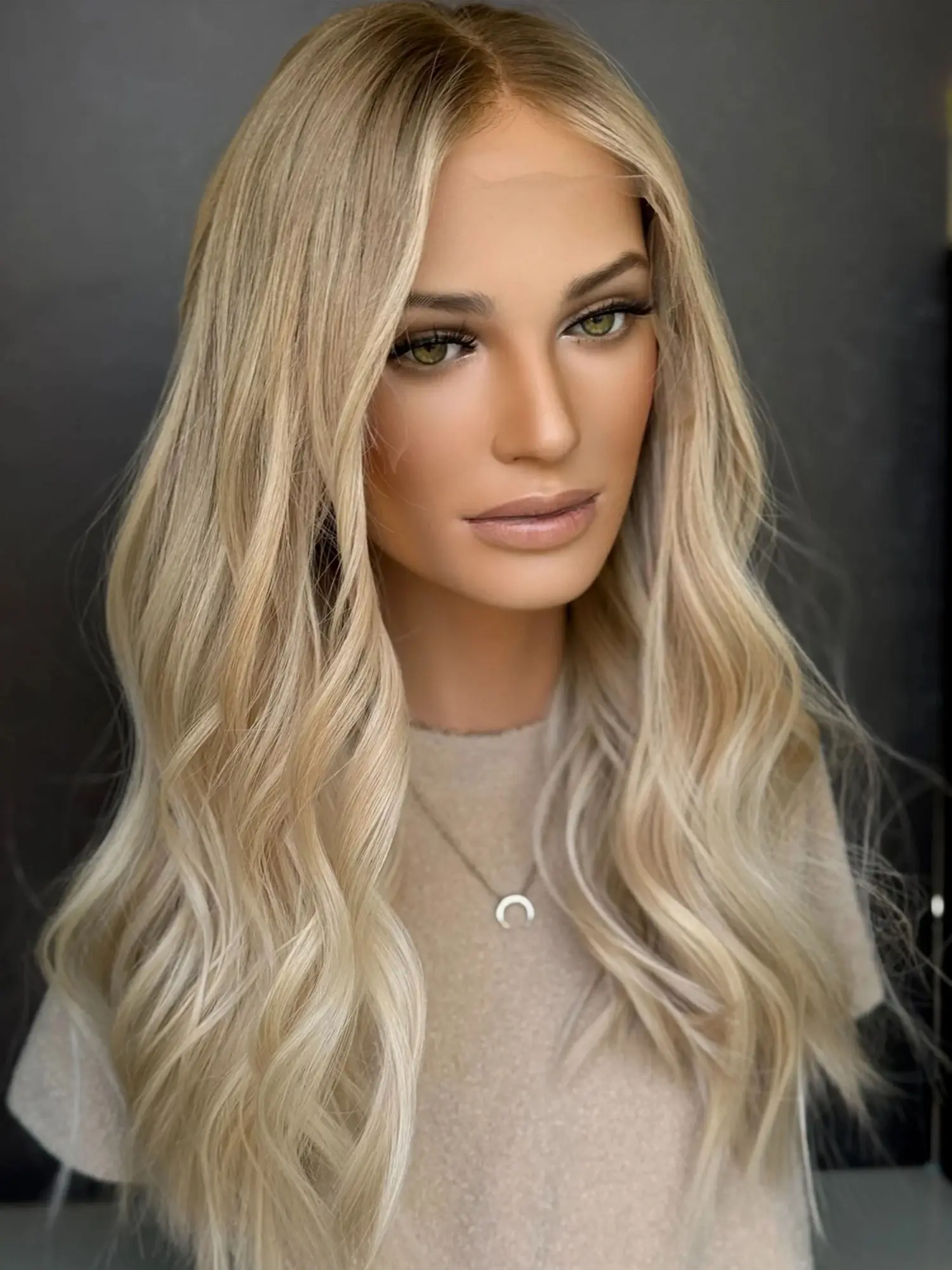 Ombre Warm Blonde Synthetic Lace Front Wigs Blend Human Hair Middle Part Ash Rooted Balayage Blonde Loose Wave Glueless Wigs