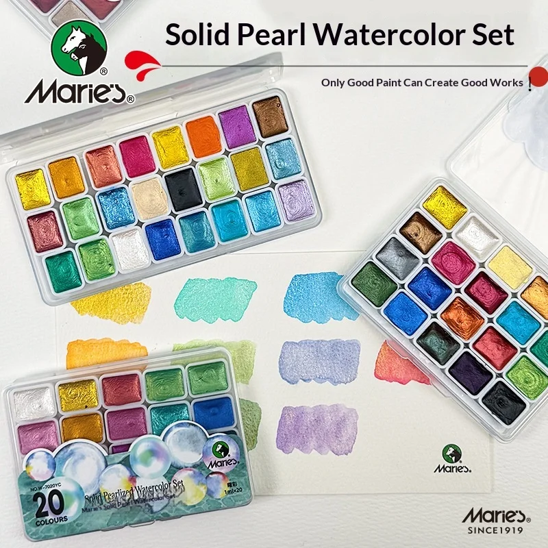 Marie's Solid Pearlescent Watercolor Set, 20/24/60 Colors, Shimmering Pigments, Portable Paint for DIY Painting, Art Supplies