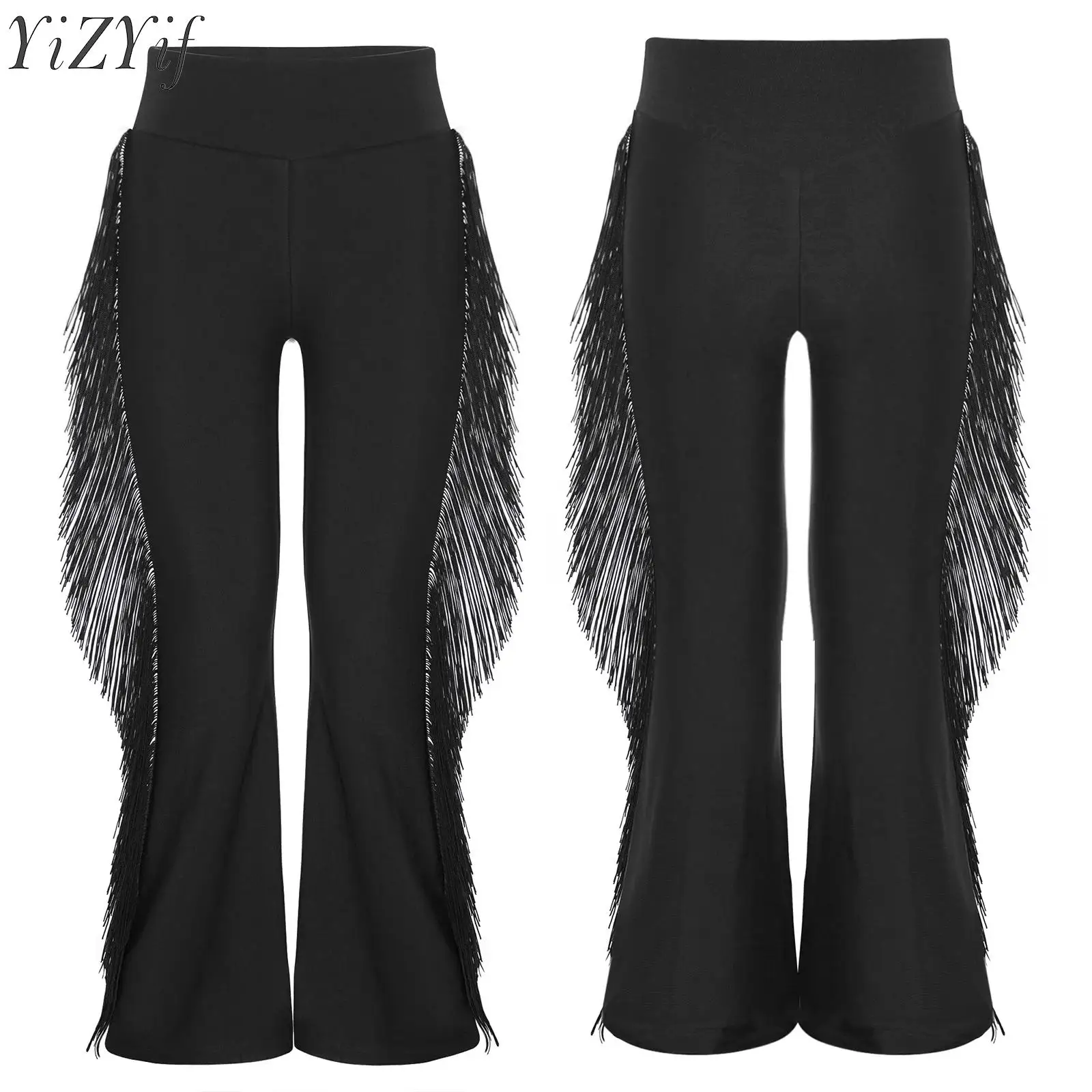 Kids Boys Latin Dance Pants Jazz Dancewear Ballroom Costume Elastic Waist Tassels Bell-Bottom Trousers for Stage Performance
