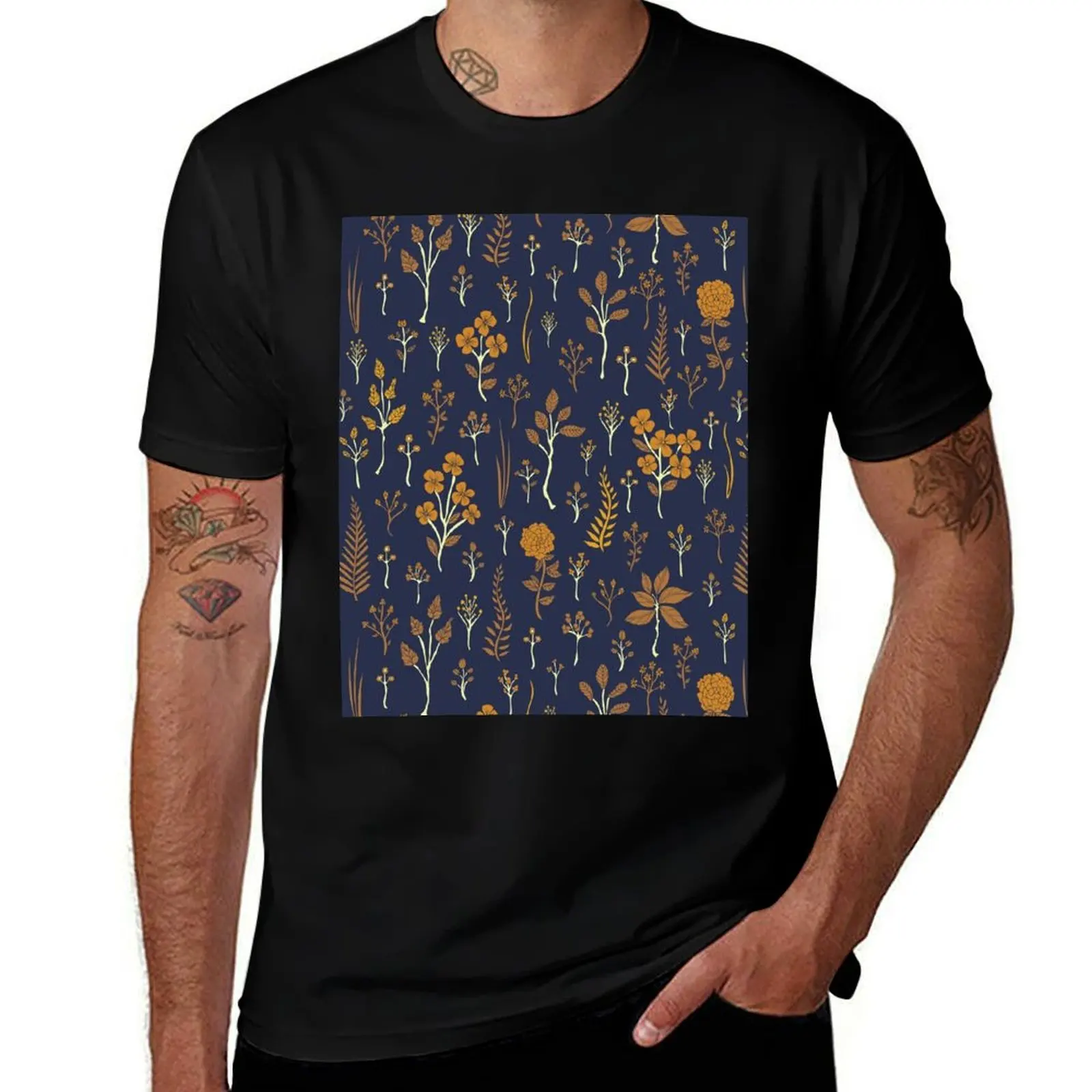Navy Blue & Mustard Yellow Floral Pattern T-Shirt Casual Holiday Short Sleeve Tee T-Shirt
