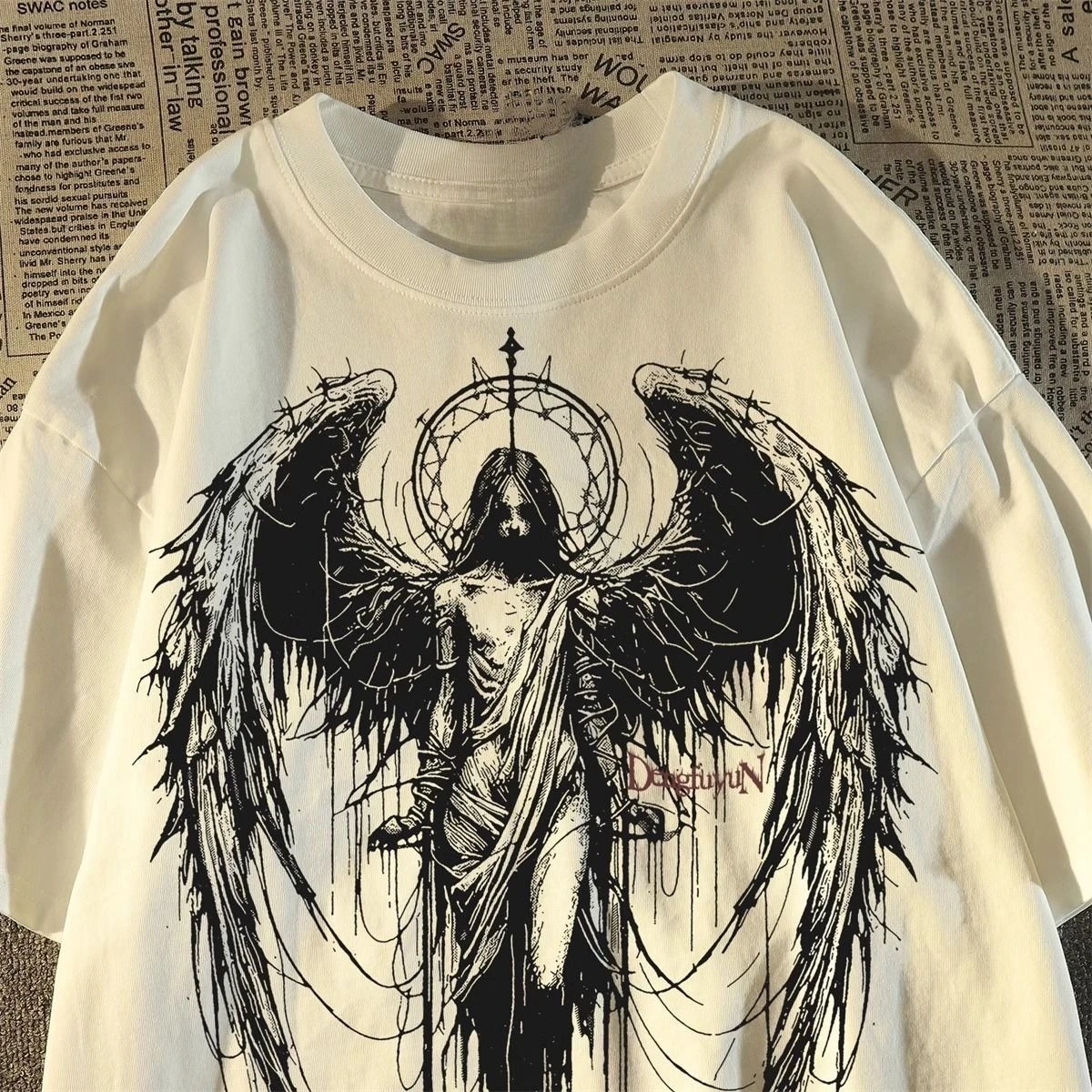 

2026 New High Quality Wings Angel Figure Graphic Print Men's and Women's Short Sleeve Plus Size Loose Comfort Crew Neck Top
