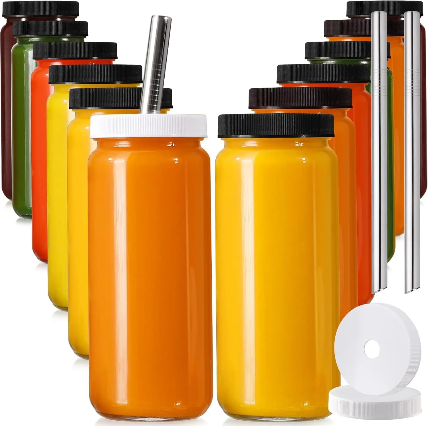 

12-Pack 16oz Glass Juice Bottles with Lids, Straws & Brush - Reusable for Drinks, Travel