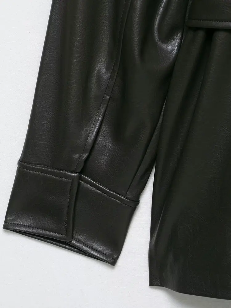 Moda feminina com cinto jaqueta de couro falso casaco manga longa bolsos frontais feminino outerwear chiques topos