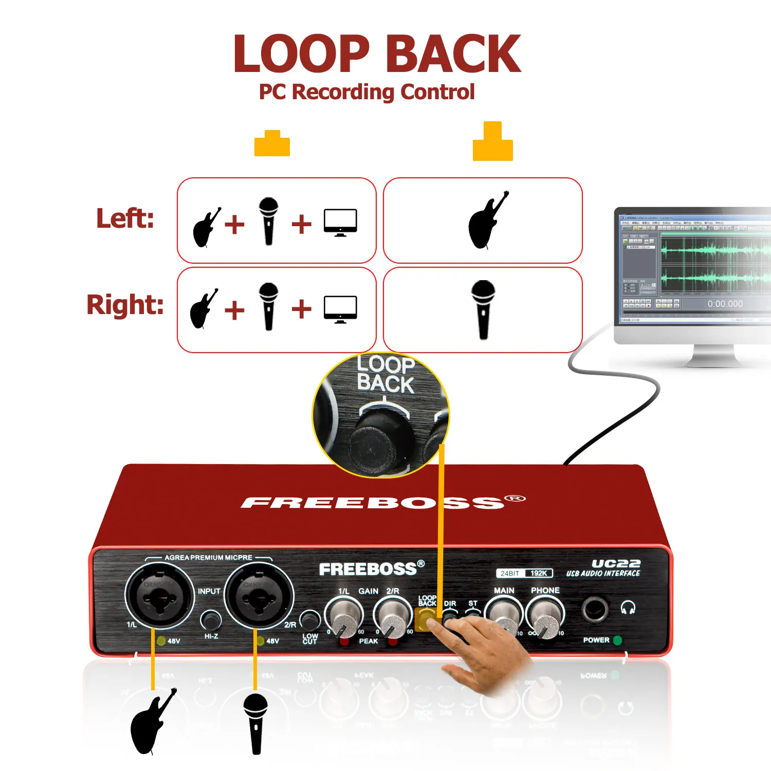 Imagem -05 - Boss-interface Áudio para Estúdio Placa de Som Usb 24bit 192khz Loopback Externo Gravação de Guitarra Monitor Estéreo Soundcard para Estúdio Uc22