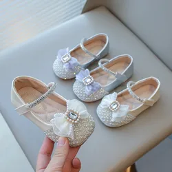 Girls Sandals Silver Bow Crystal Flat Bottom Little Girl Baby Princess Shoes Beige Round Head Thin Soft Non-slip Kids Sandals