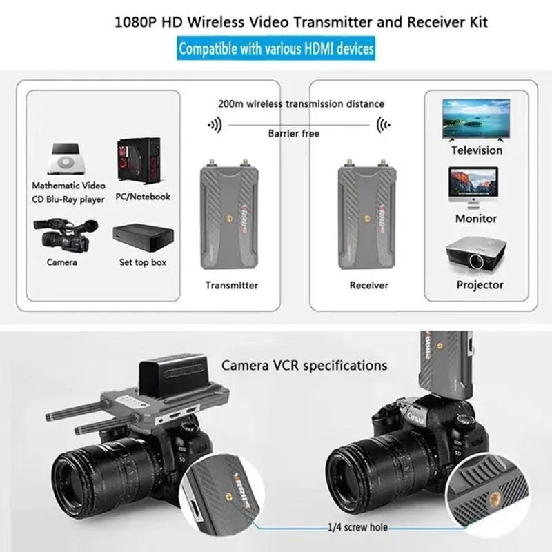 200m Wireless Extender kit Support NP-F Battery for HDMI Video Transmitter Receiver For Videographer Photographer PS4 Camera