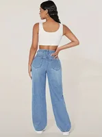 Women's High Rise Wide Leg Ripped Jeans Light Blue Denim Trousers Casual Loose Fit Long Pants 4