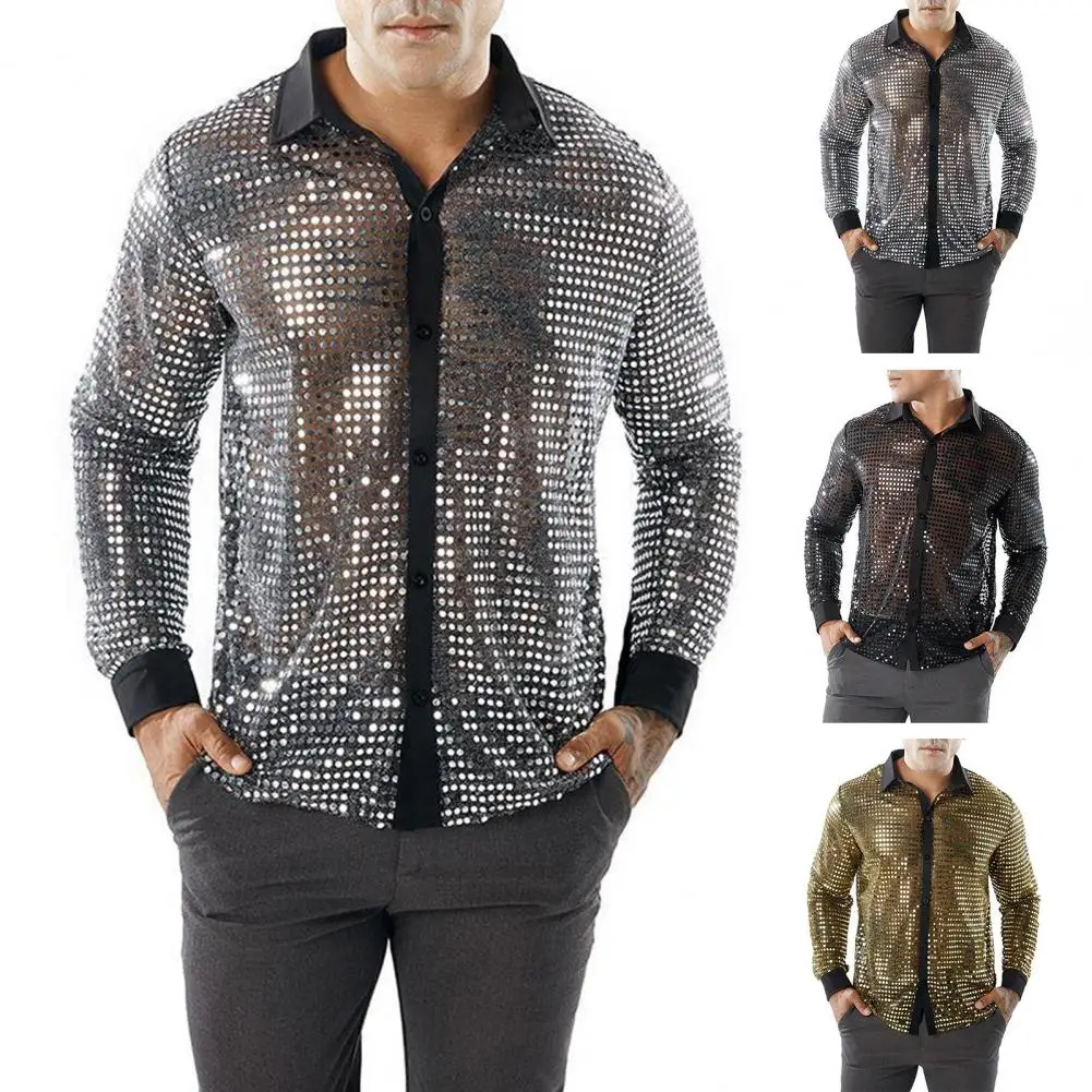 

Men Shirt Sequin Shirt Vintage 70s Men's Sequin Lapel Disco Shirt Shiny Slim Fit Performance Attire for Club Parties with Long