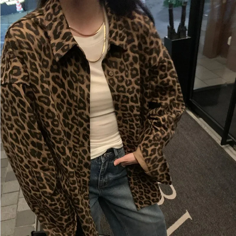 Leopard Jackets for Women Autumn Chic Loose High Street Vintage Single Breasted All-match Baggy College Cool Coats Streetwear BF