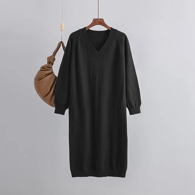 HLBCBG Autumn Winter wool V-NECK Long straight sweater Dress Women Casual oversize Sweater Dresses Maix Thick Basic Knit Dress